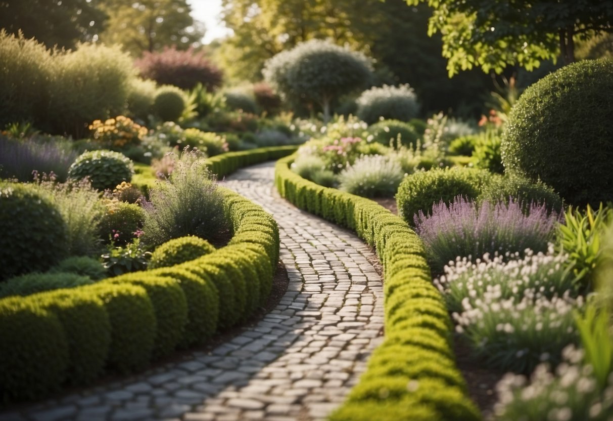 A winding garden path weaves through unusual-shaped plant beds, creating a whimsical and enchanting landscape