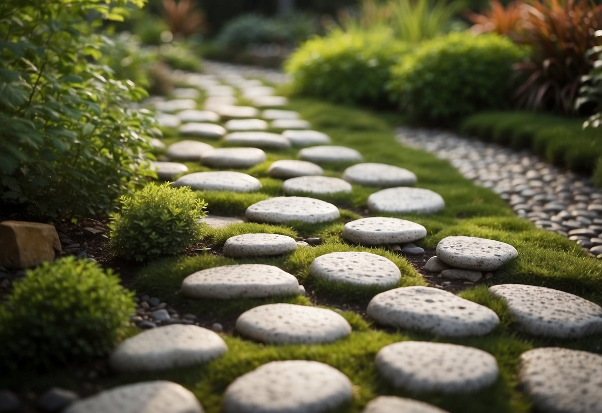 A winding path of irregular stepping stones leads through a lush garden, each stone a unique shape and size