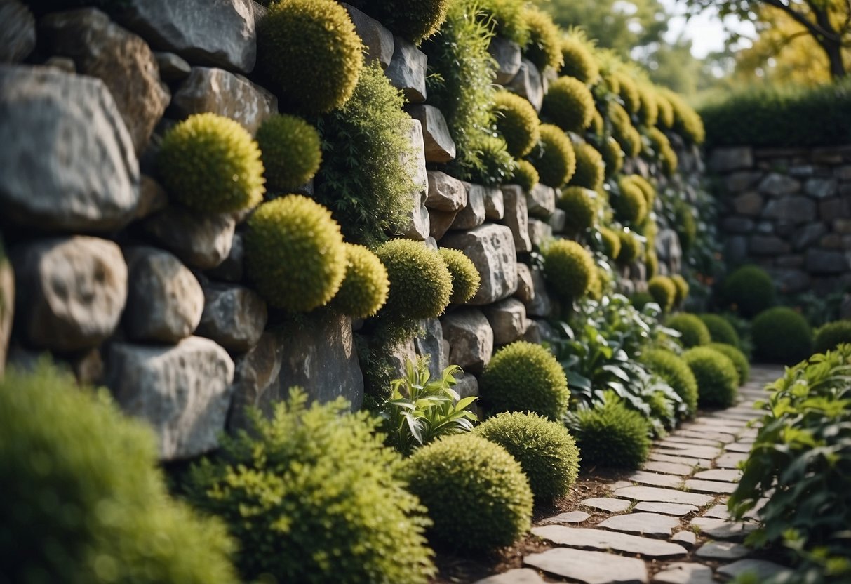 An irregular stone wall surrounds a garden with odd-shaped plants and unique landscaping ideas