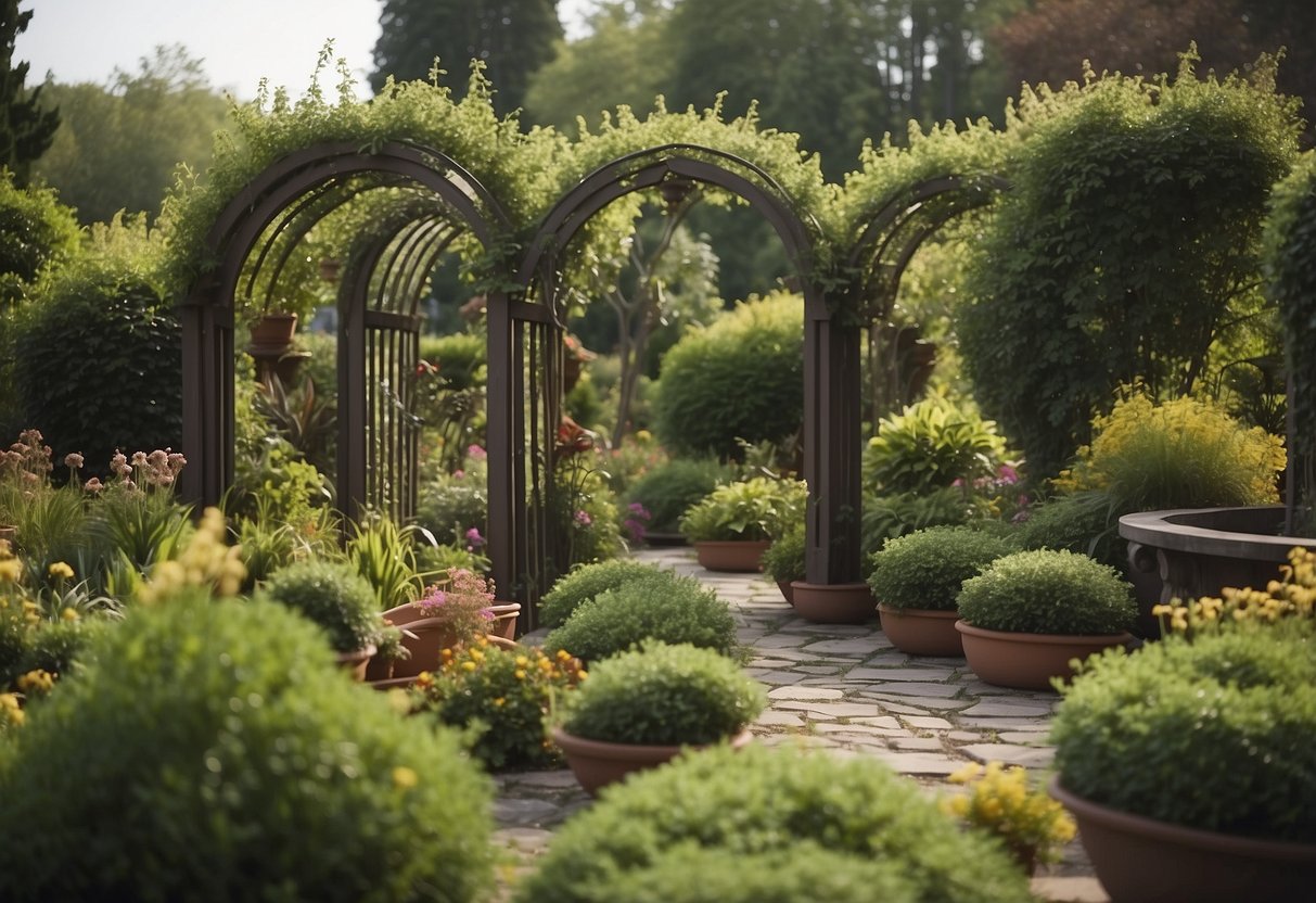 A garden with crooked arbors and unusual plant arrangements