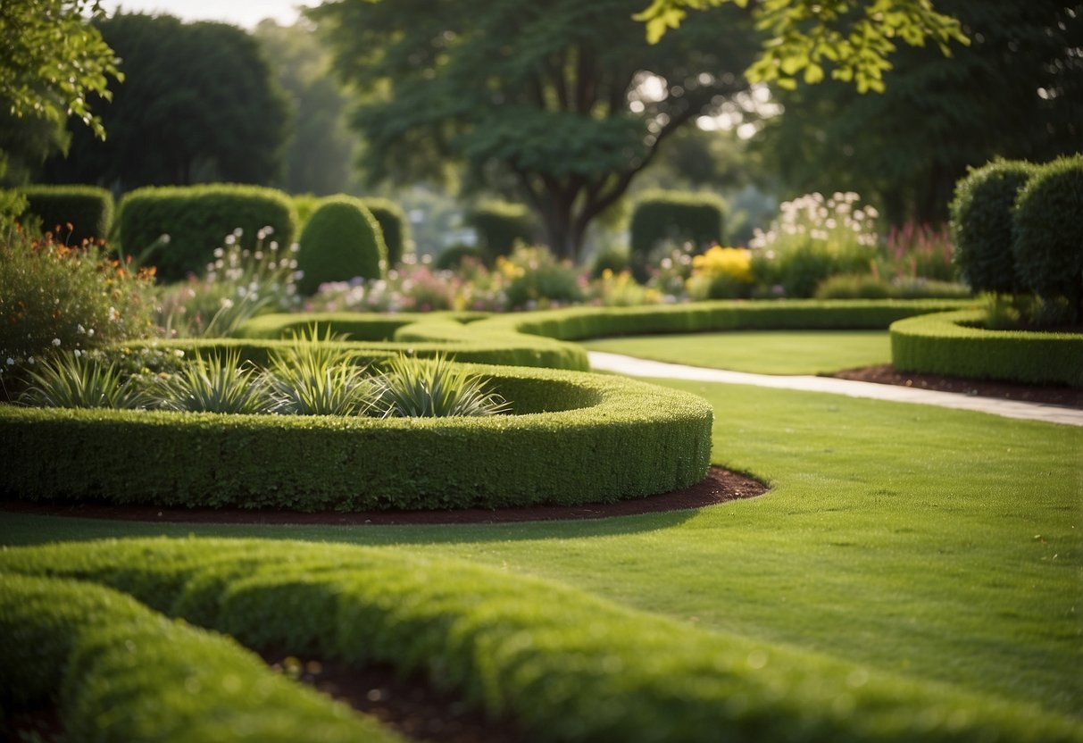 The lawn's edges undulate in irregular shapes, creating a unique and dynamic garden landscape