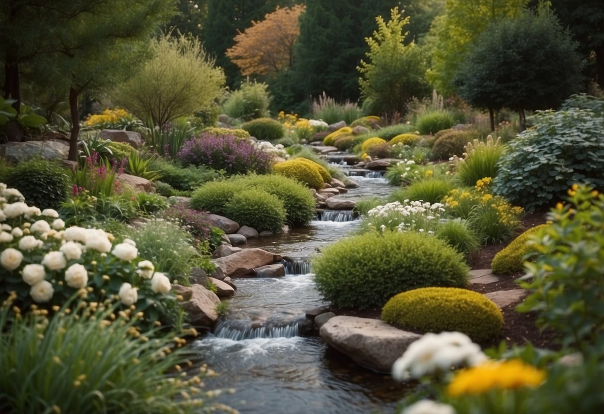 A winding stream flows through a garden with unique, irregularly shaped landscaping features