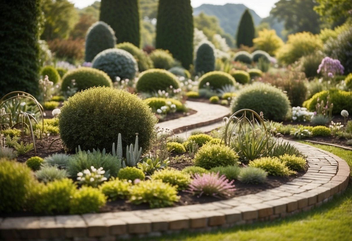 A variety of odd-shaped garden structures and features are integrated, including winding pathways, asymmetrical plant beds, and unique sculptures