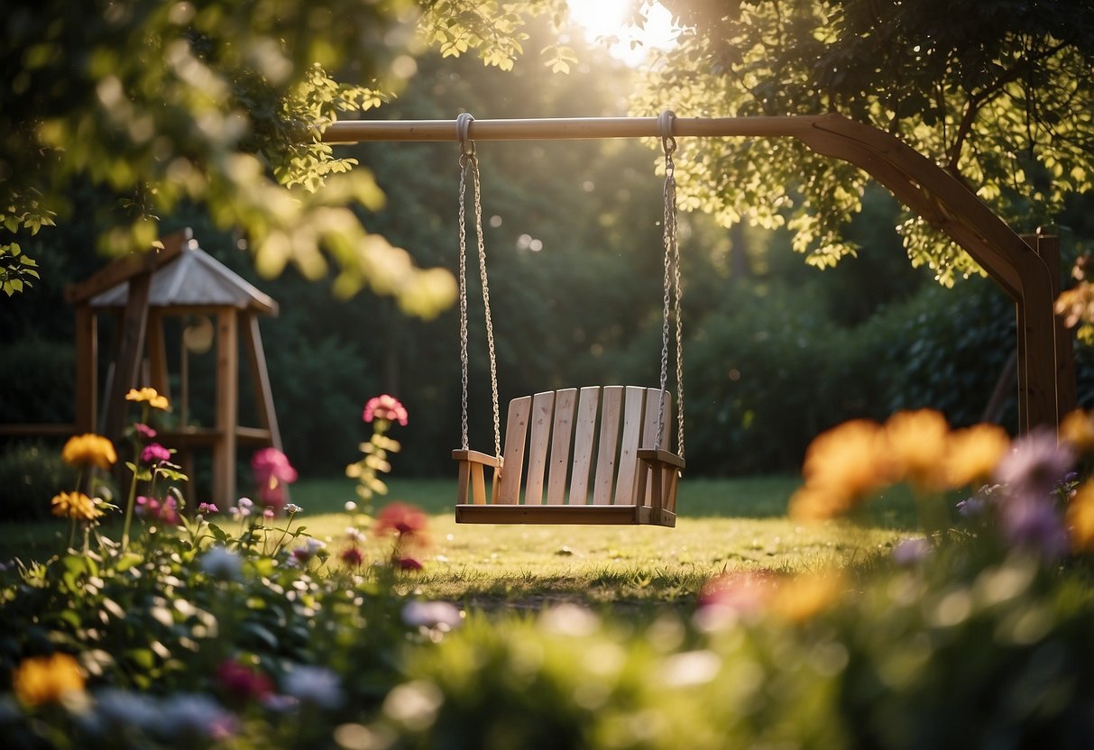 A swing set is being installed in a lush family garden, surrounded by colorful flowers and tall trees. The sun is shining, and the scene is filled with joy and laughter