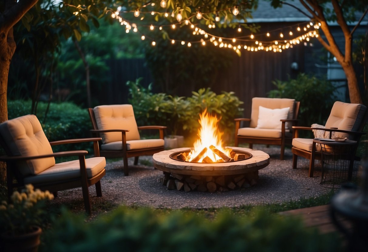 A cozy campfire glows in a garden surrounded by chairs and blankets, with a backdrop of lush greenery and twinkling string lights