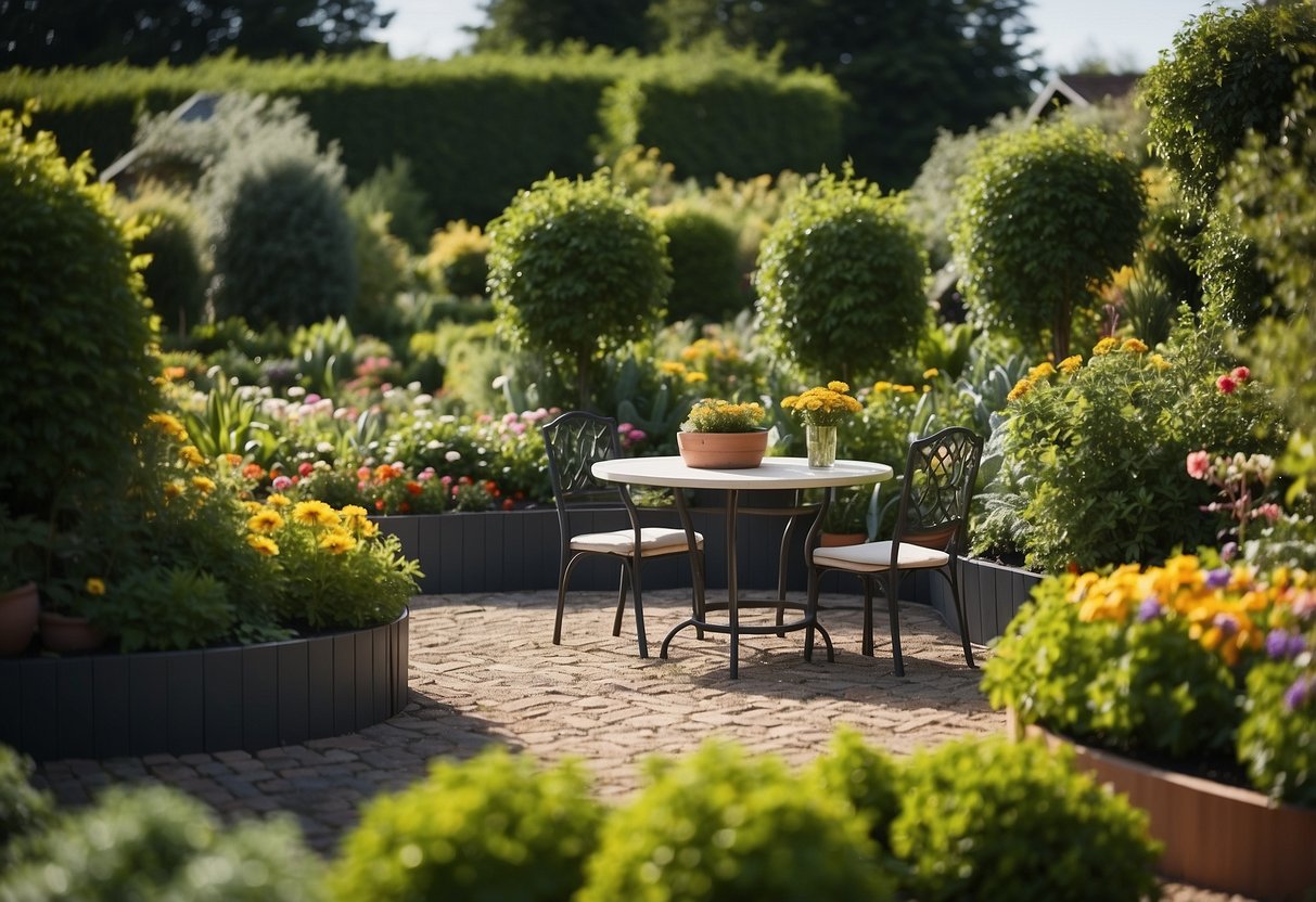 A lush garden with colorful flowers, neatly trimmed hedges, and a variety of vegetables growing in raised beds. A small seating area with a table and chairs is surrounded by the greenery