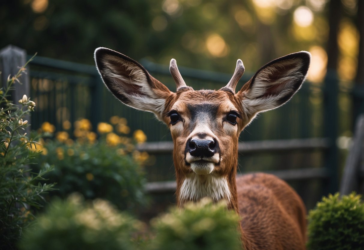 A garden filled with various noise-making devices placed strategically to deter deer. Tall fences and motion-activated sound machines surround the perimeter