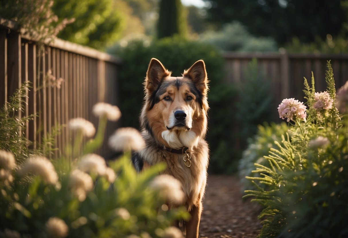 A guard dog patrols a fenced garden, keeping deer at bay. Tall plants and motion-activated sprinklers add extra protection