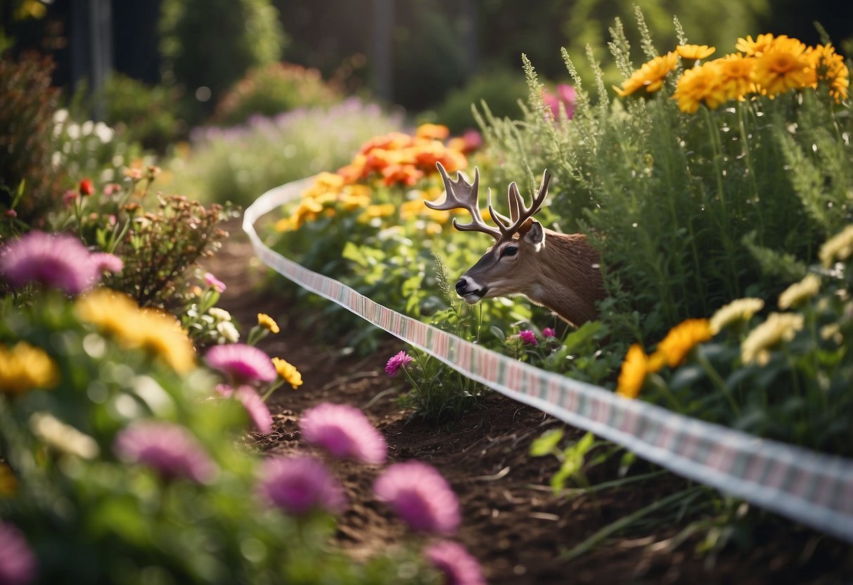 A garden with reflective tape strung around the perimeter to deter deer, with colorful flowers and vegetables thriving inside