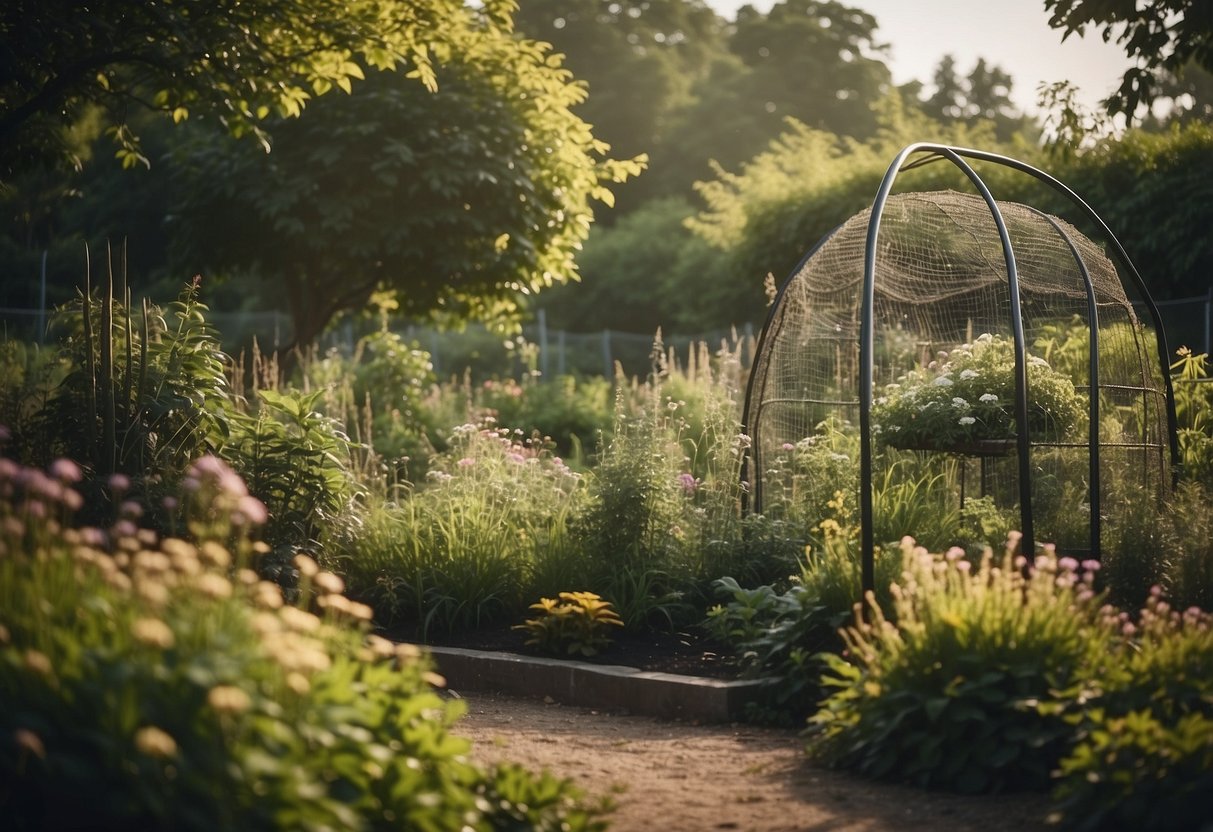 A garden surrounded by tall netting to deter deer. Lush plants and flowers inside