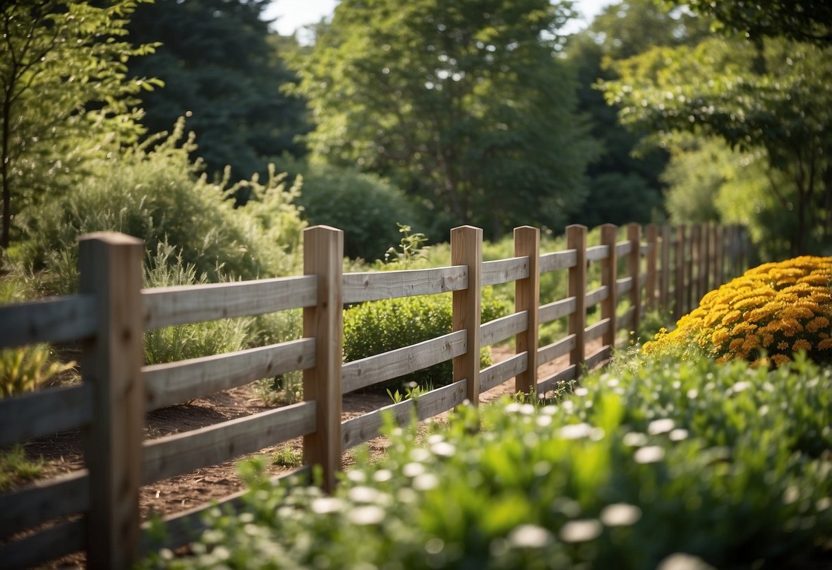 A tall wooden fence surrounds a lush garden, with additional wire mesh at the base to deter deer. Various plants and shrubs are visible within the enclosure