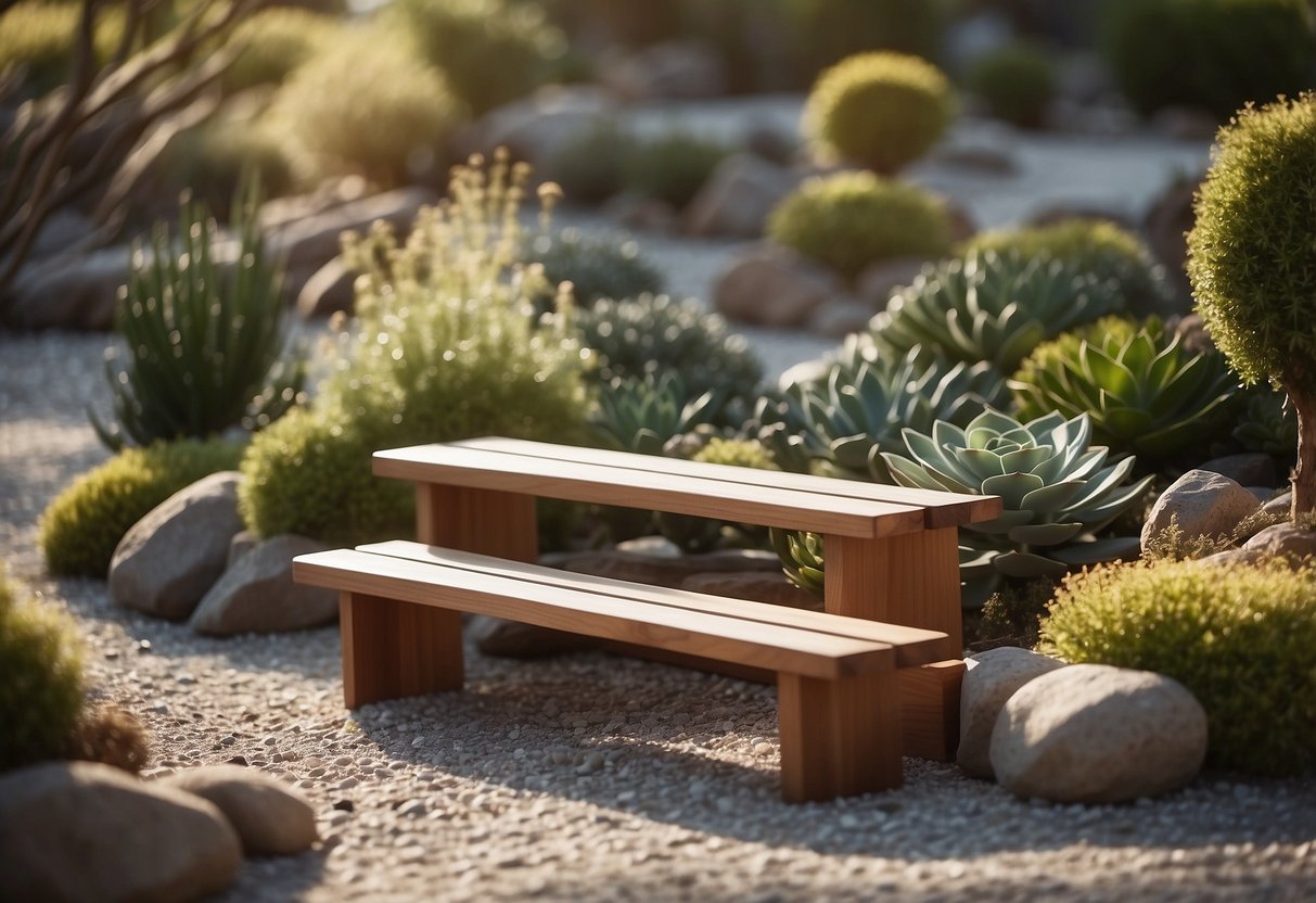 Wooden benches arranged in a tranquil zen garden, surrounded by carefully placed rocks, succulents, and minimalistic decor. A budget-friendly oasis of calm and serenity