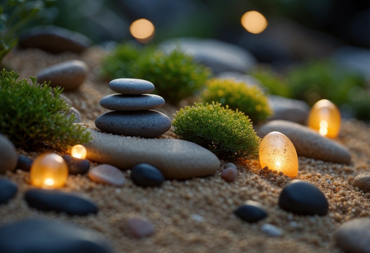 A small zen garden with inexpensive solar lights illuminating the rocks and sand, creating a peaceful and serene atmosphere on a budget