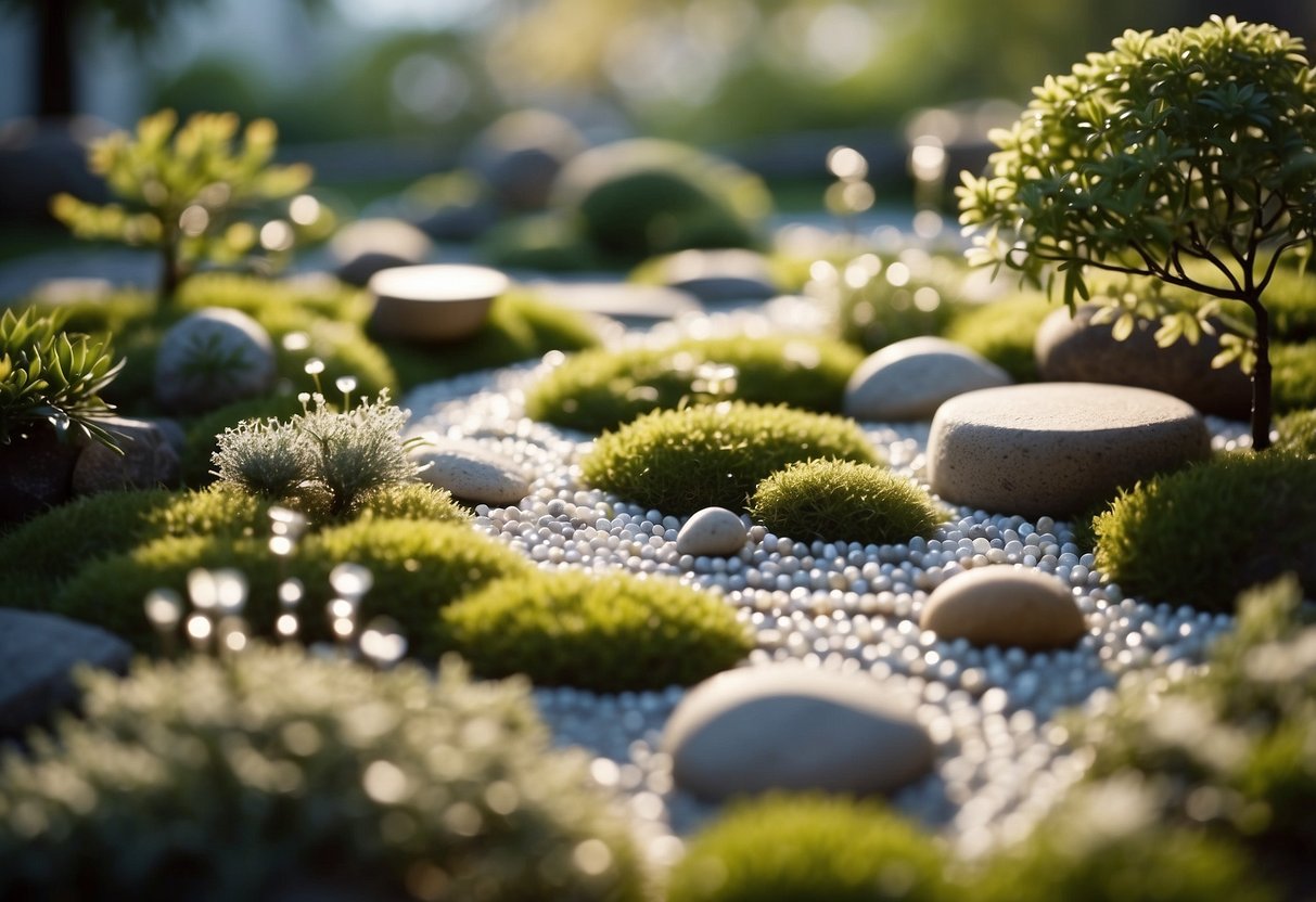 A zen garden with paths made of recycled glass beads, surrounded by budget-friendly landscaping