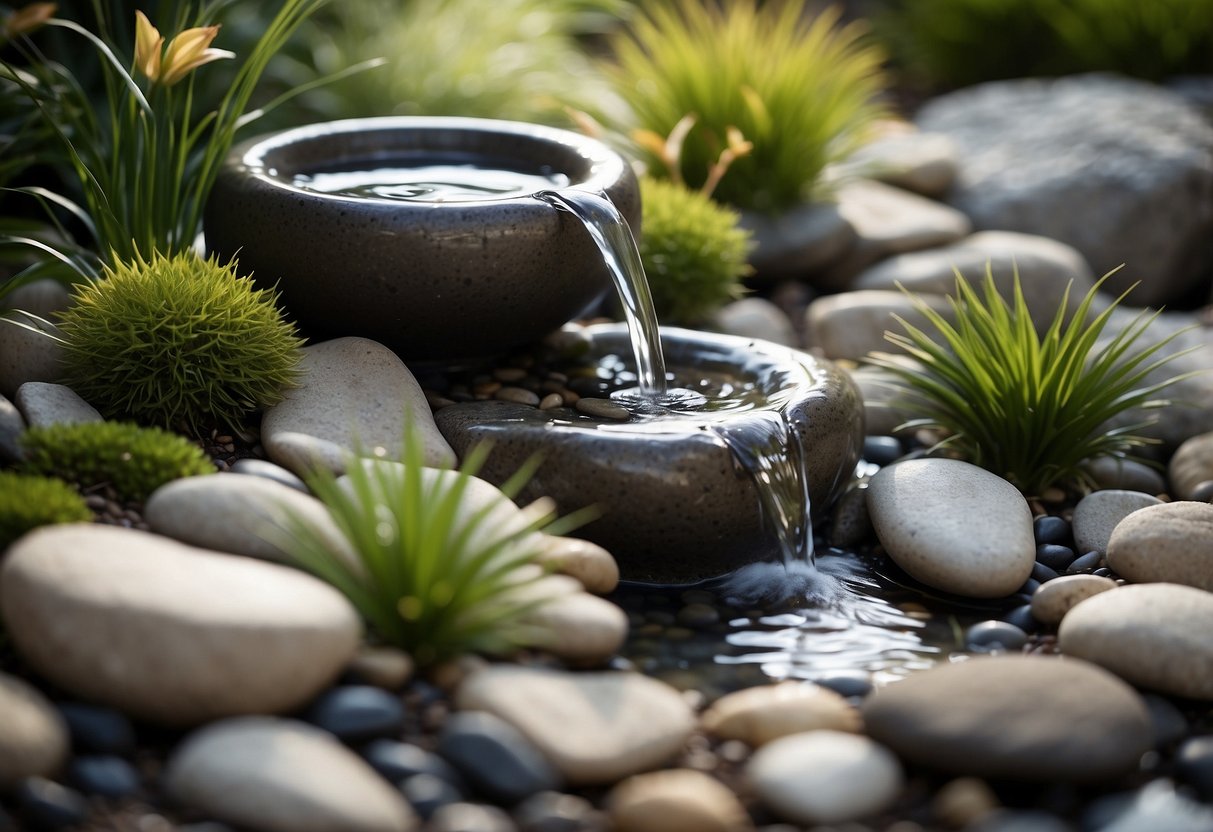 A small, simple water feature surrounded by rocks and pebbles in a tranquil Zen garden setting. The design is minimalist and budget-friendly