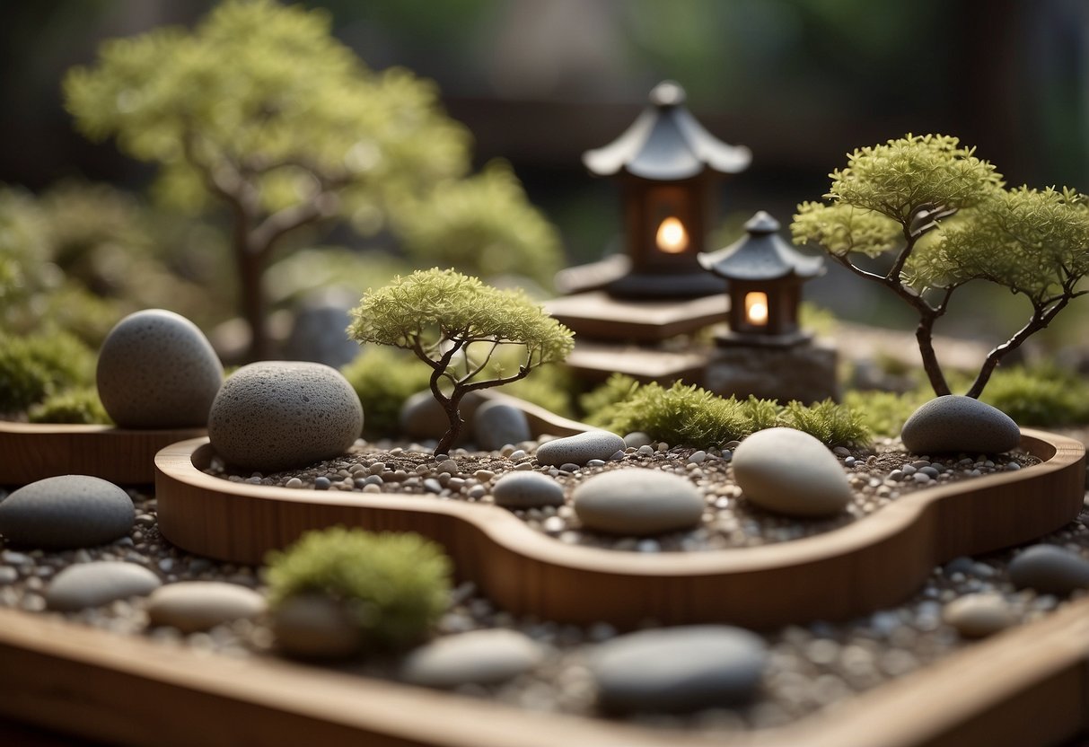 A small wooden desktop zen garden with a miniature rake and carefully arranged stones