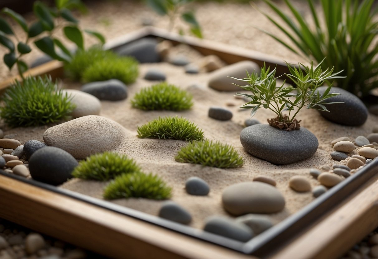 A Zen garden kit with bamboo plants, rocks, and sand. Mini rake for creating patterns in the sand. Tray for arranging elements