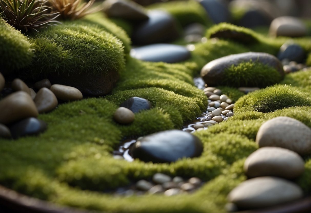 A shallow dish zen garden with moss, rocks, and sand. A small rake creates patterns in the sand