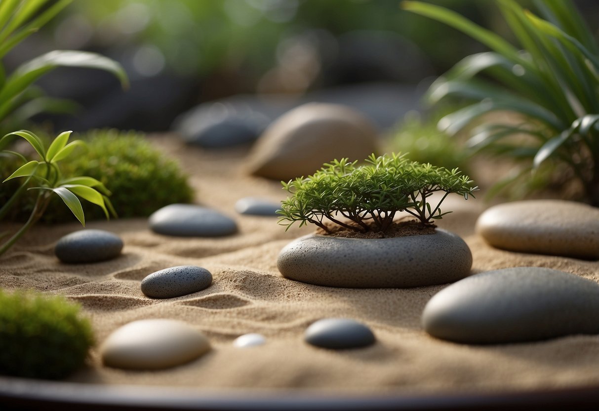 A small Zen garden with raked sand and engraved stones, surrounded by miniature bamboo and a tranquil, serene atmosphere