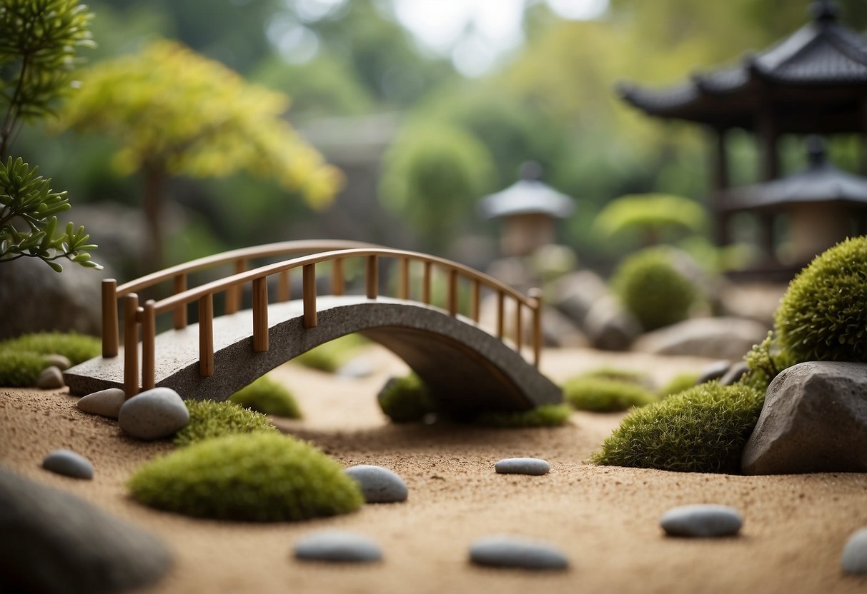 A small Zen garden with a Japanese bridge, surrounded by raked sand and carefully placed rocks