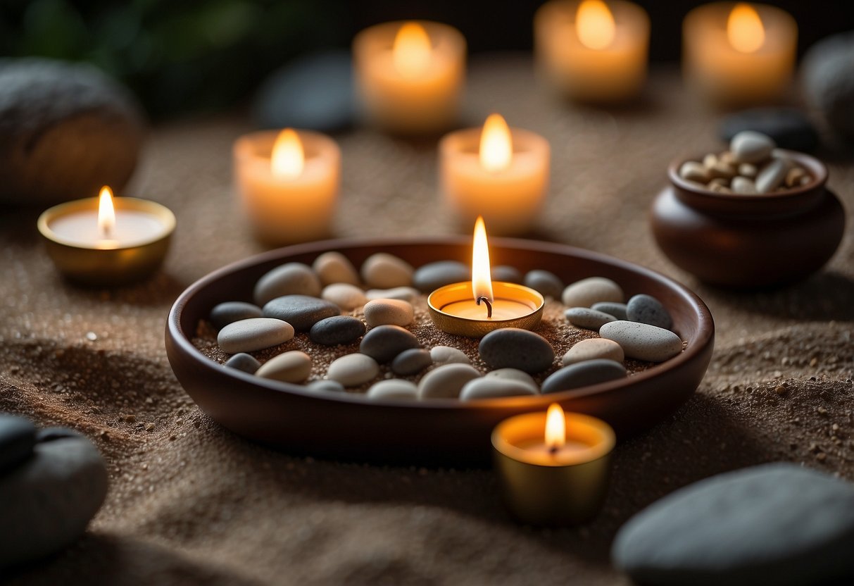 A serene Zen garden with scented candles and burning incense. Miniature raked sand, smooth stones, and a peaceful ambiance