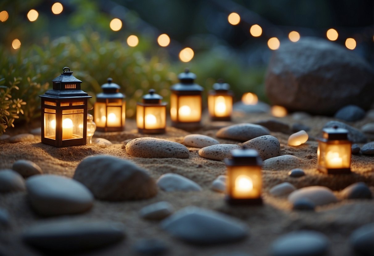 A rock and sand garden with miniature lanterns, creating a tranquil and serene atmosphere