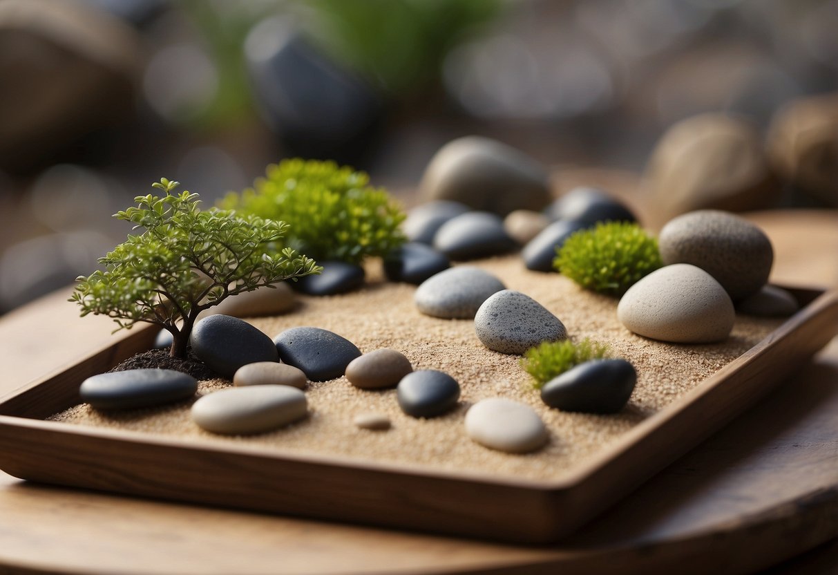 A serene mini zen garden with carefully raked sand, smooth stones, and a small wooden rake placed on a simple wooden tray