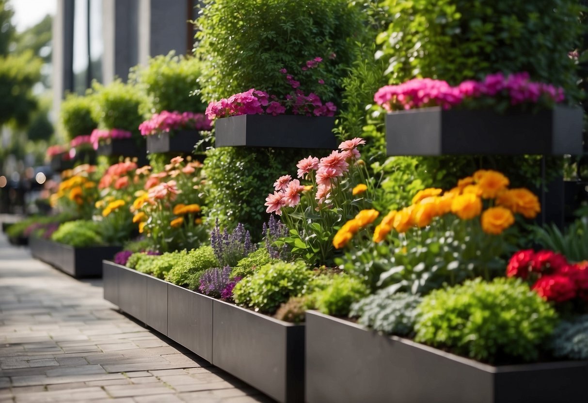 A rectangular garden with vertical planter walls filled with lush greenery and colorful flowers, creating a vibrant and lively outdoor space