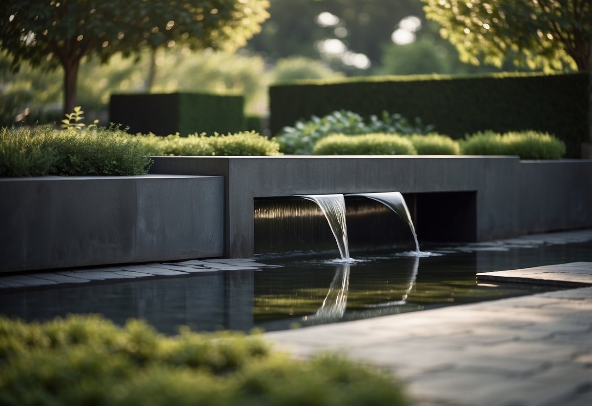 A sleek rectangular garden with a modern water feature as the focal point. Clean lines, minimalistic design, and lush greenery surrounding the tranquil water feature