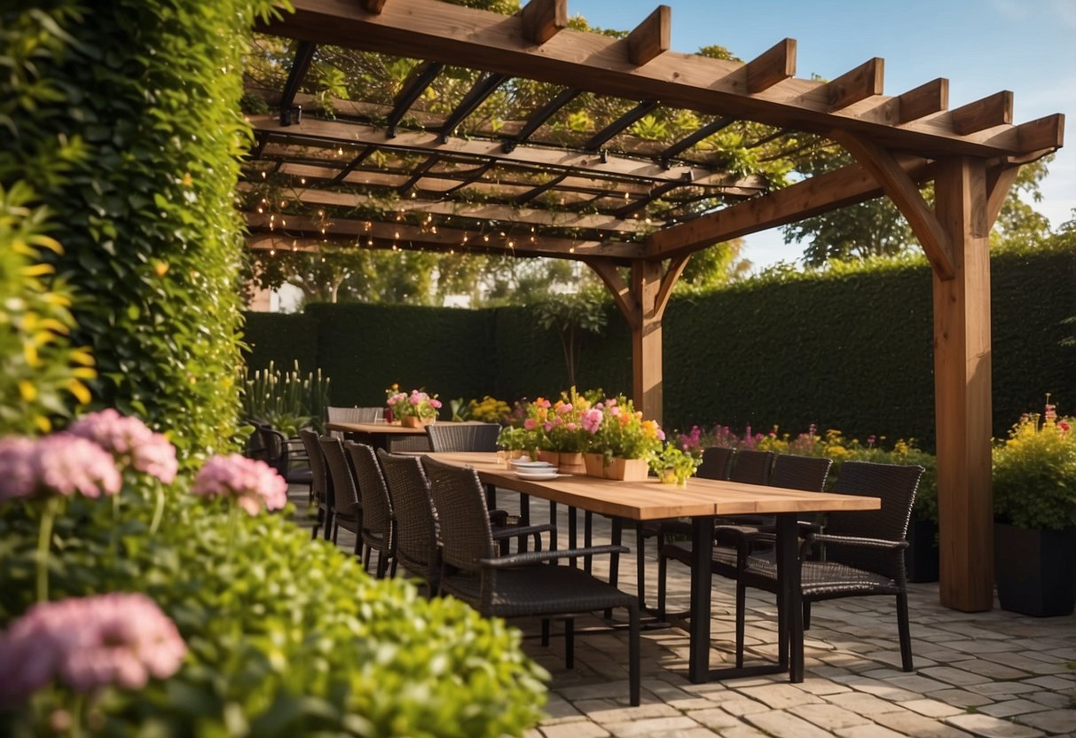 A rectangular garden with a paved dining area, surrounded by lush greenery, colorful flowers, and tall hedges for privacy. A pergola or umbrella provides shade, and string lights add a cozy ambiance for evening dining