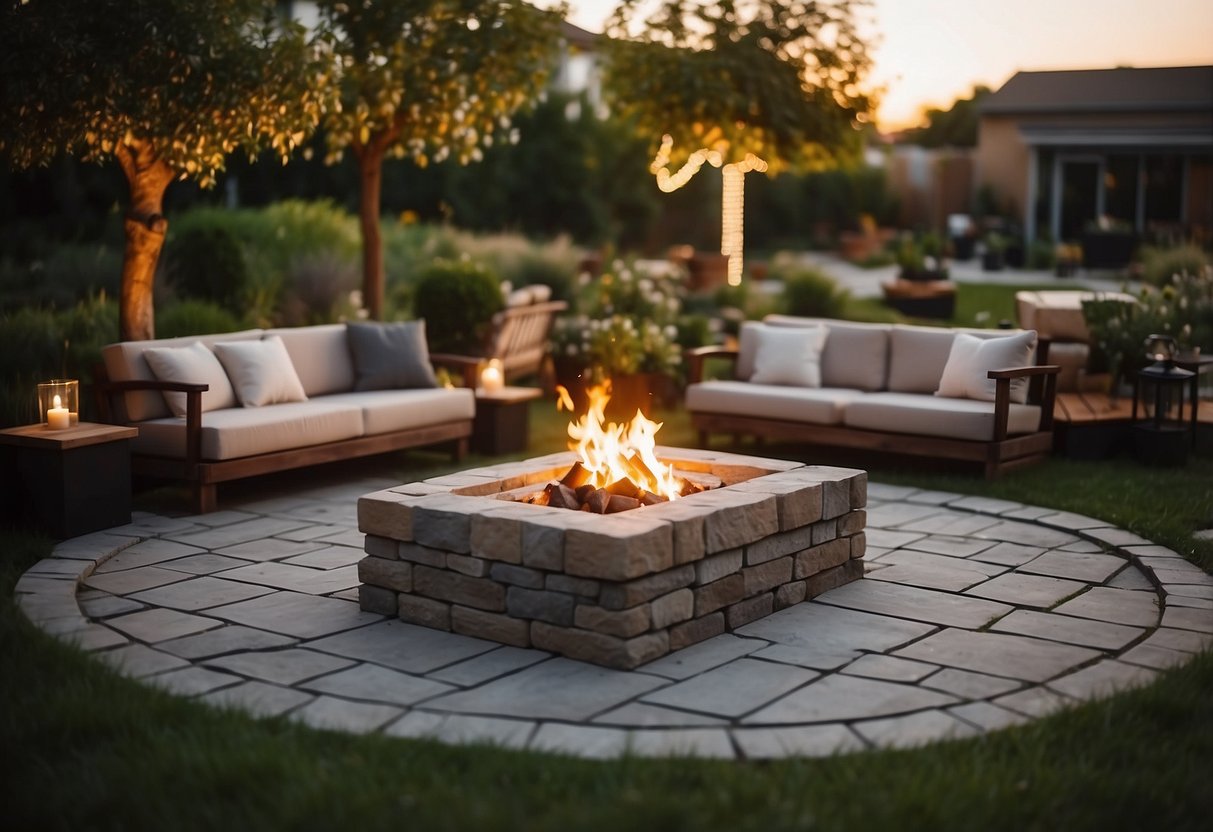 A rectangular garden with a variety of portable fire pits placed strategically for cozy outdoor gatherings. Surrounding the fire pits are comfortable seating options and decorative elements to create a welcoming atmosphere