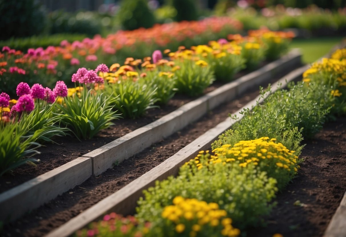 A rectangular garden with a variety of plants arranged in rows and clusters, including colorful flowers, lush greenery, and small shrubs