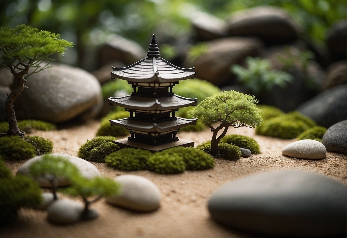 A small pagoda sits amidst carefully arranged rocks and sand, surrounded by lush greenery and delicate bonsai trees in a tranquil indoor setting