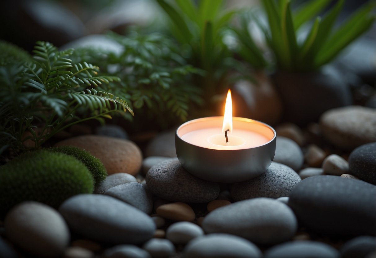 A small tea light candle holder sits amidst smooth stones and miniature plants in an indoor zen garden