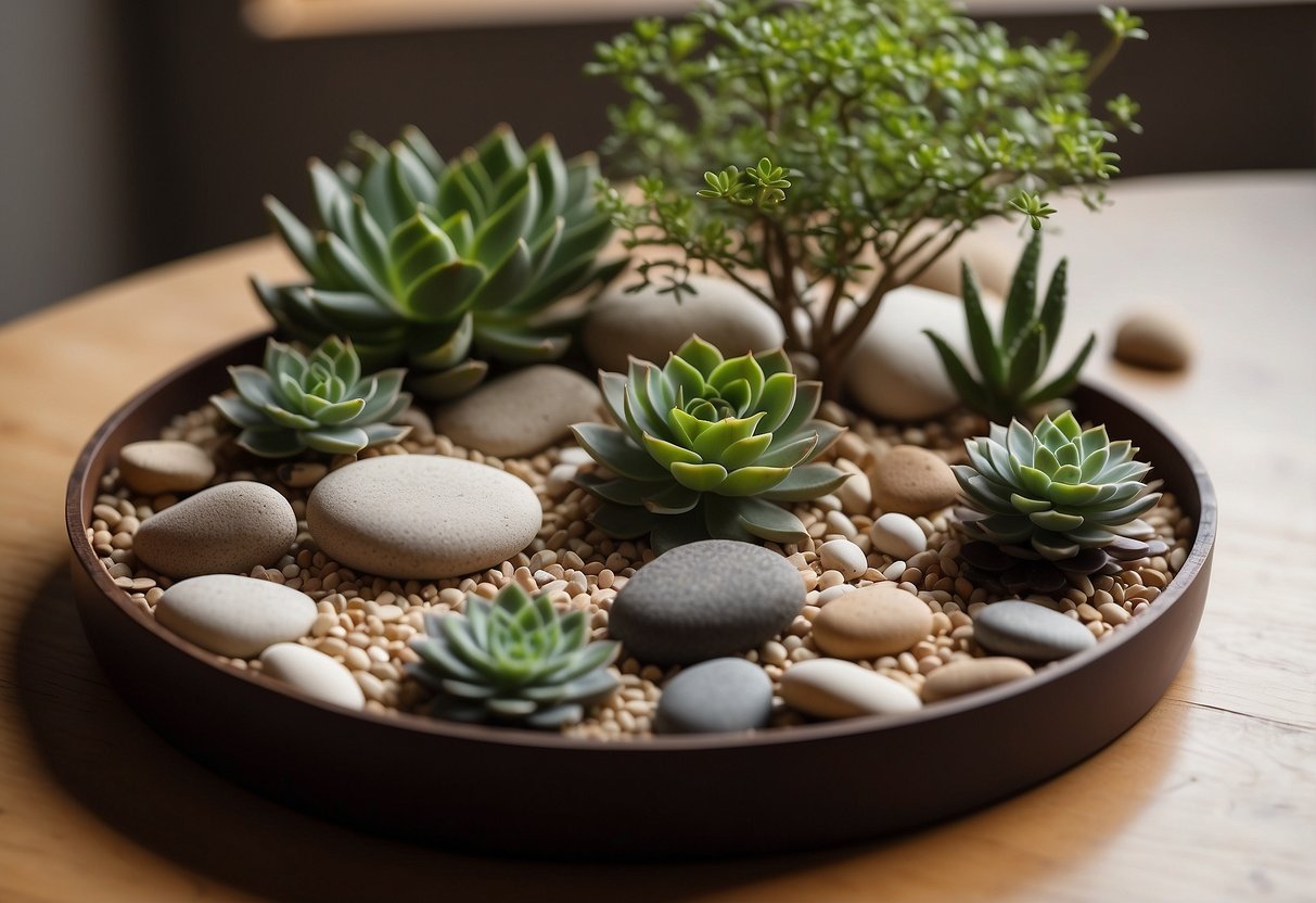 A tranquil indoor space with minimalist decor, featuring a small zen garden with carefully raked sand, smooth pebbles, and a few artfully placed succulents