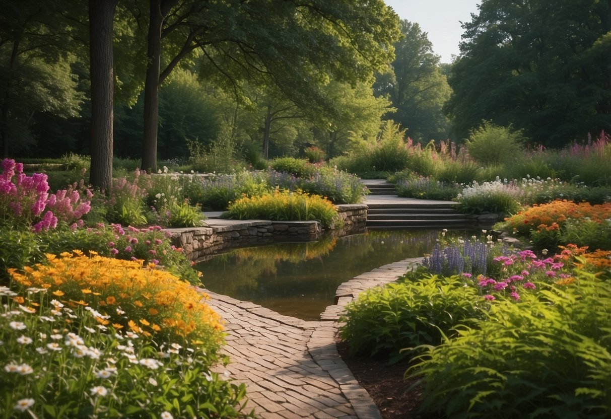 A lush garden in Lake County Forest Preserves, Illinois, with colorful flowers, winding pathways, and tranquil water features