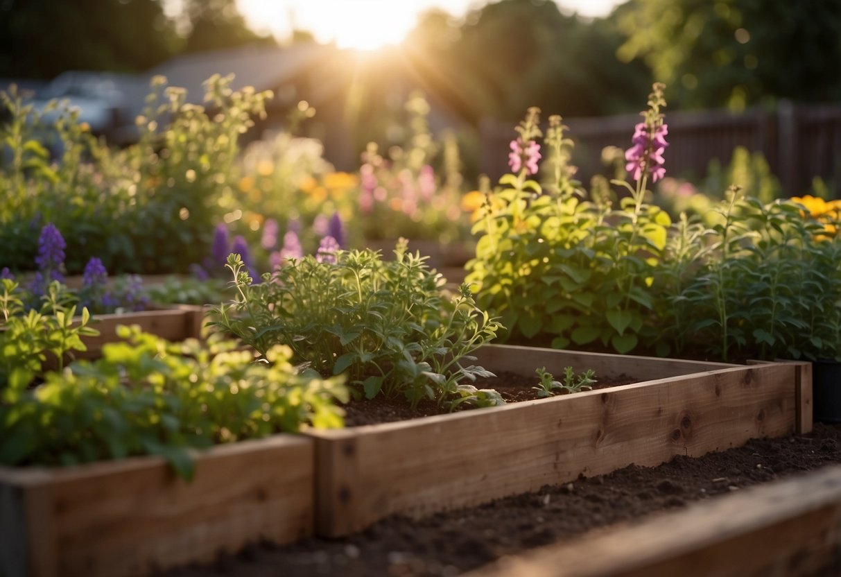 A variety of herbs grow in raised garden beds, surrounded by colorful flowers and lush greenery. The Illinois sun shines down, casting a warm glow over the peaceful garden scene