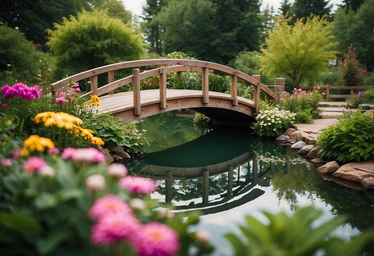 A serene backyard pond nestled among lush greenery and colorful flowers, with a small bridge crossing over the clear water