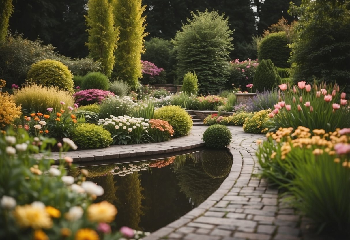 A lush garden with colorful flowers, neatly trimmed hedges, and winding pathways leading to a cozy seating area. A small pond with water lilies adds a tranquil touch