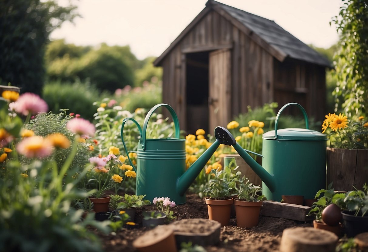 Lush green garden with blooming flowers, a vegetable patch being tended to, a compost bin, and a watering can by a rustic shed