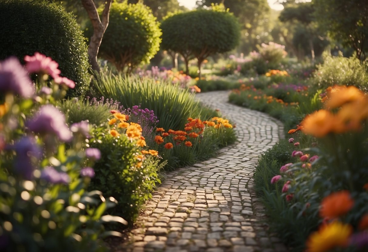 A winding pathway of colorful tiles weaves through a lush Spanish garden, bordered by vibrant flowers and greenery