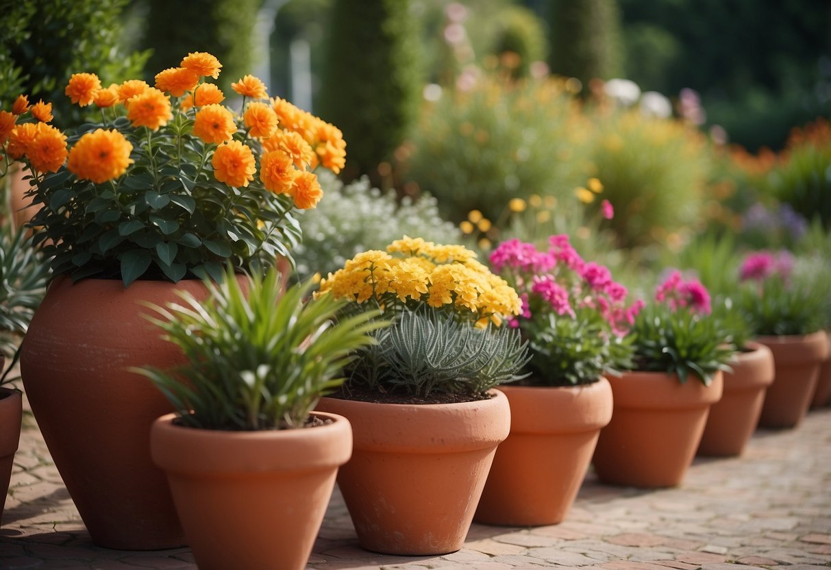 Rustic terracotta pots arranged in a Spanish garden with vibrant flowers and lush greenery