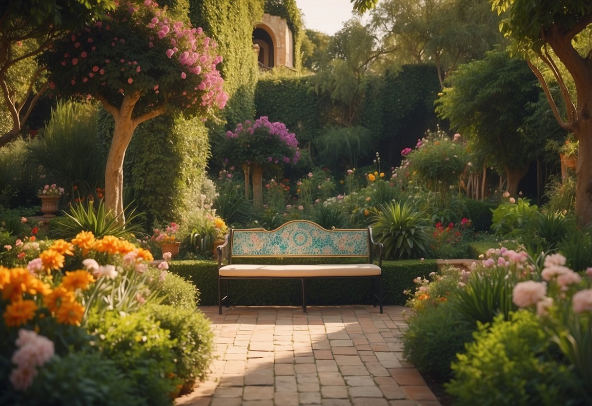 A serene garden with mosaic benches, surrounded by lush greenery and vibrant flowers, evoking a Spanish-inspired oasis