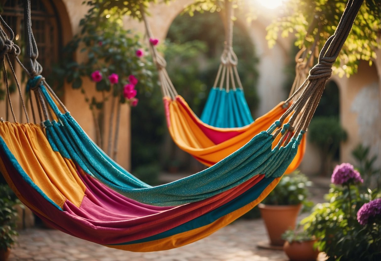 Colorful hammocks swing in a Spanish garden, adorned with bright fabrics and surrounded by lush greenery and vibrant flowers