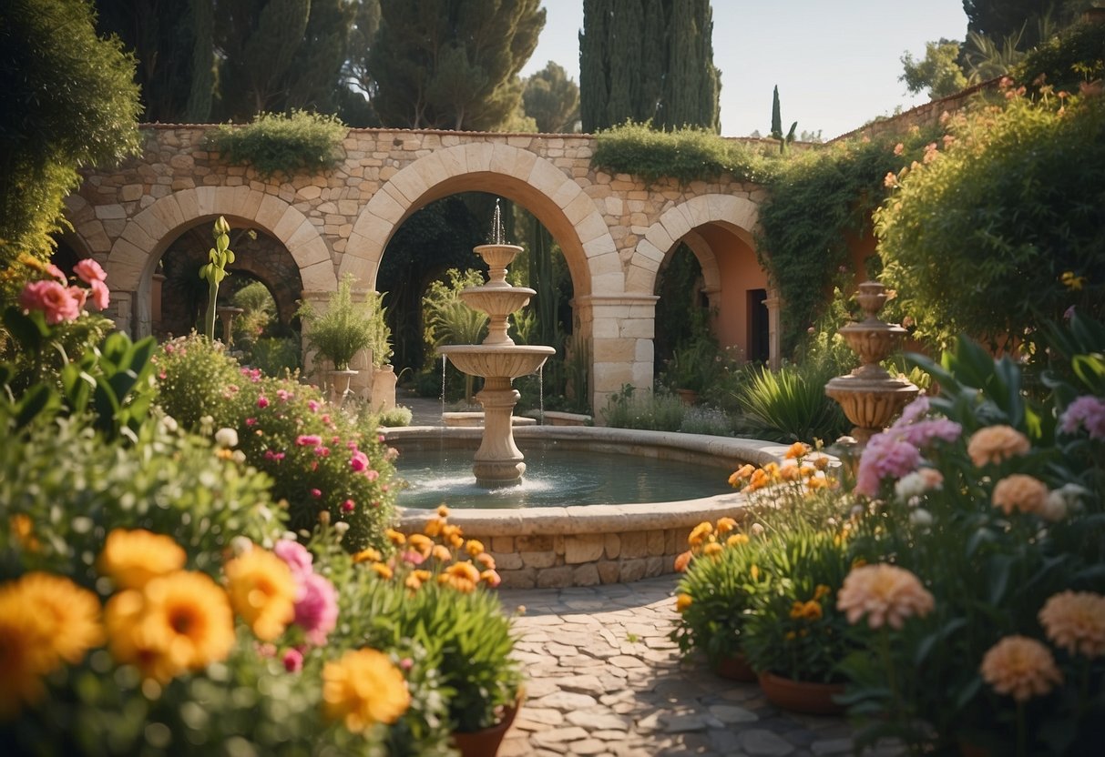 A serene Spanish garden with wall-mounted water features surrounded by lush greenery and colorful flowers