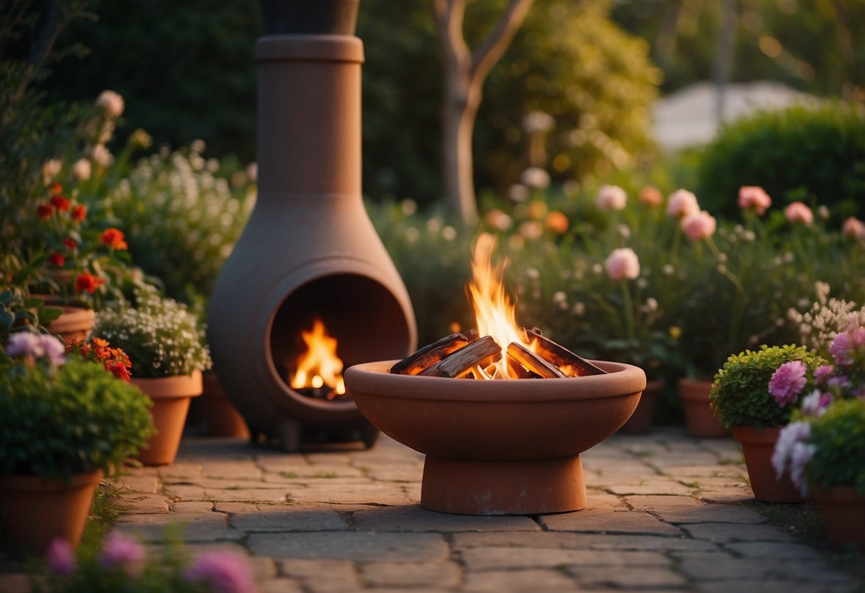 A clay chimenea fire pit sits in a Spanish garden, surrounded by colorful flowers and lush greenery, with the warm glow of the fire casting a cozy ambiance