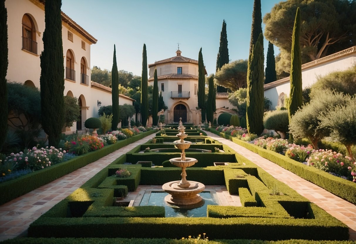 A serene Spanish garden with symmetrical pathways, vibrant floral arrangements, and ornate fountains surrounded by lush greenery