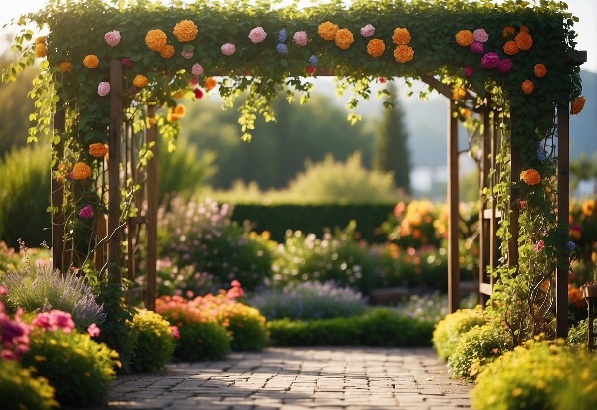 A rustic garden trellis adorned with vibrant flowers and climbing vines, creating a colorful and lively garden setting