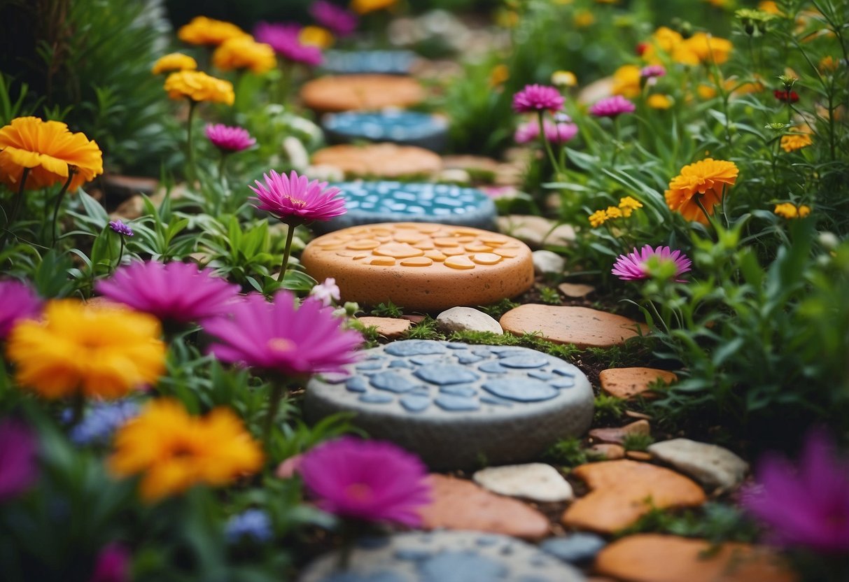 Vibrant garden stepping stones arranged in a multicolored pattern, surrounded by lush greenery and blooming flowers