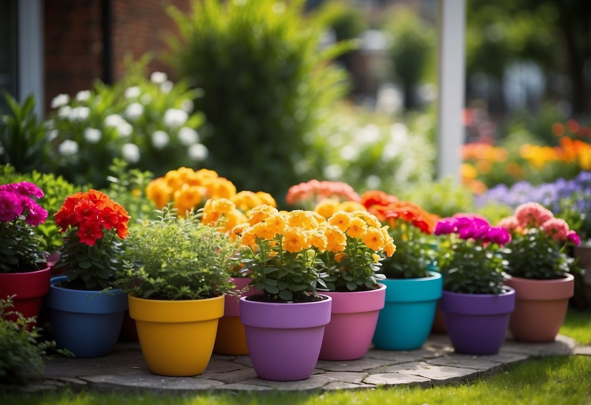 Vibrant flower pots arranged in a garden, each pot a different color of the rainbow, creating a bright and cheerful display of garden ideas